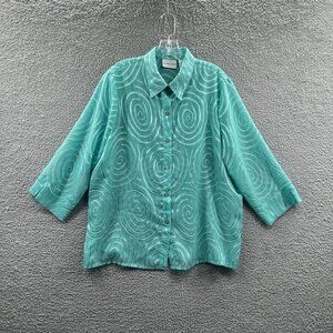 Alfred Dunner Womens Top 16 Mint Green Geometric Button Front 3/4 Sleeve‎ Shirt